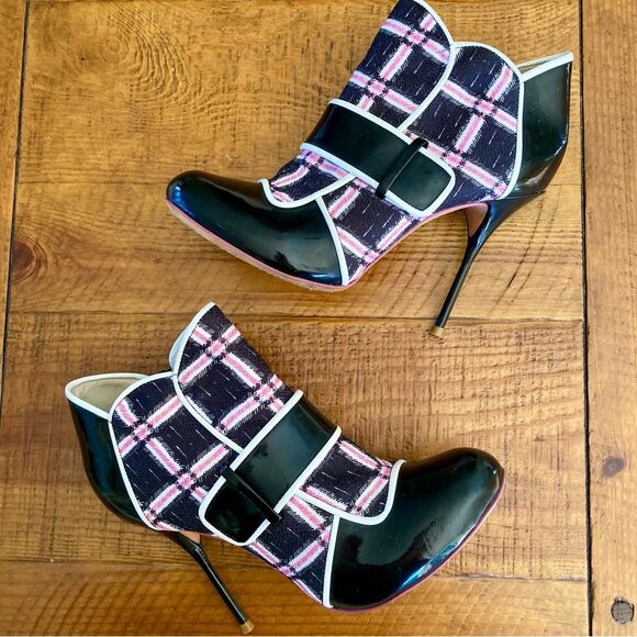 Sophia Webster Plaid Patent Leather High Heel Ankle Boots Black Pink Size EU 39 - Picture 10 of 16